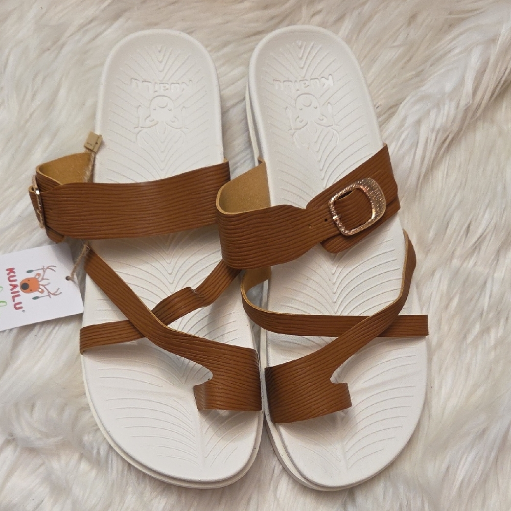 Kuailu Women's Tan Sandals with Buckle